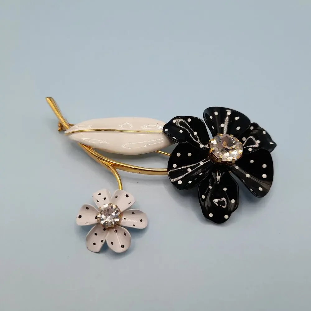 Vintage Avon Black White Dot Large Flower Brooch, 2002